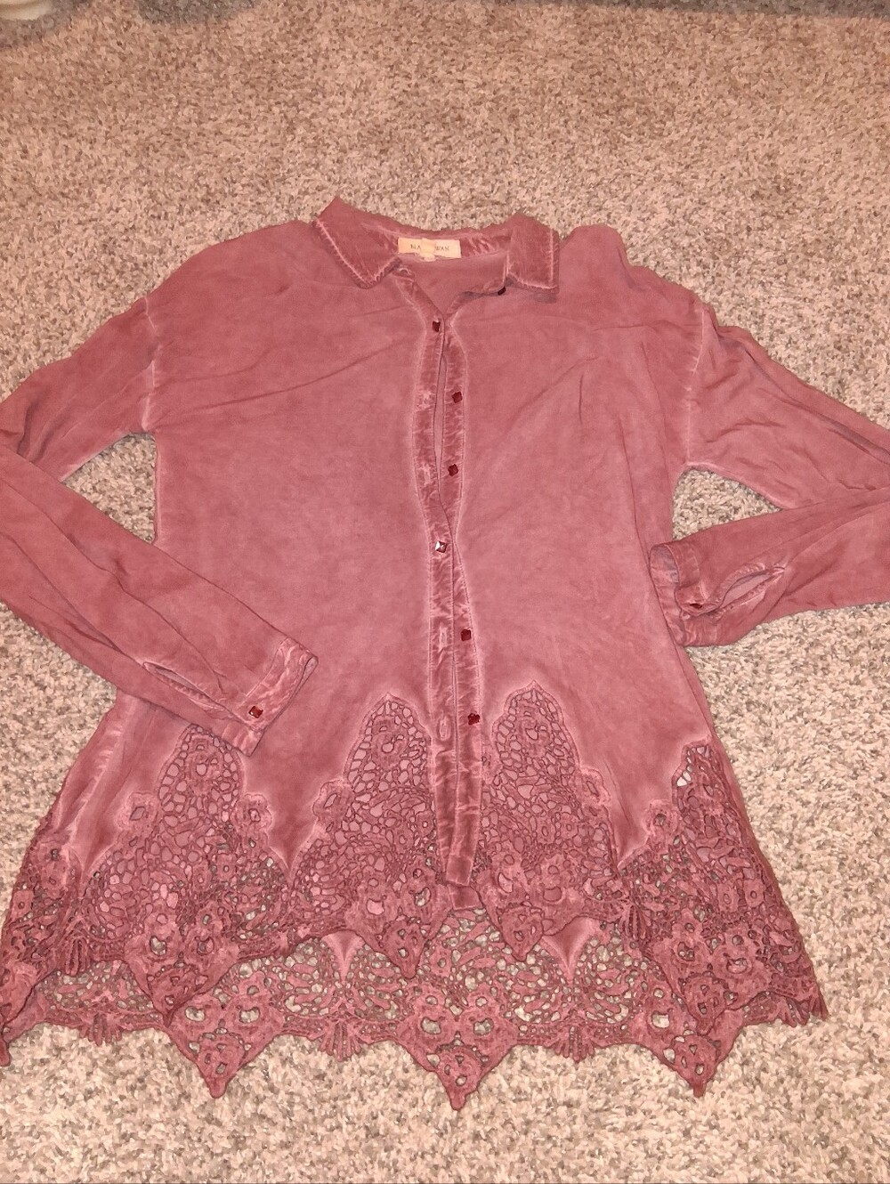 Black Swan Dusty Rose Lace-Hem Button Down Shirt